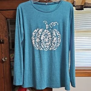 Teal Blue Long Sleeve Top with Pumpkin Design